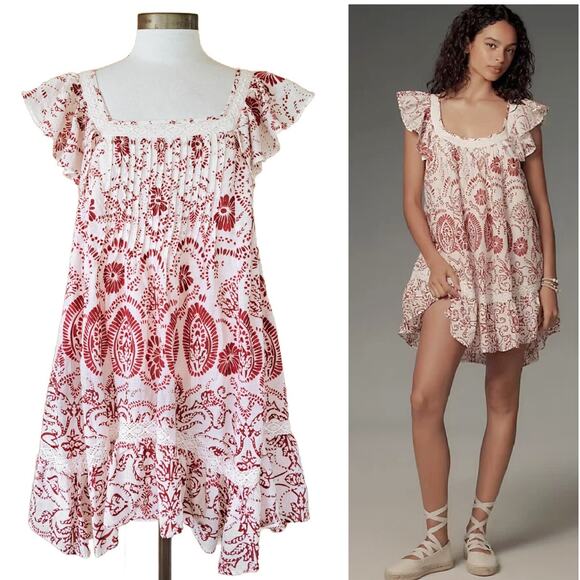 Anthropologie Maeve Flutter-Sleeve Babydoll Mini Dress Small Berry Red Floral - Picture 1 of 9